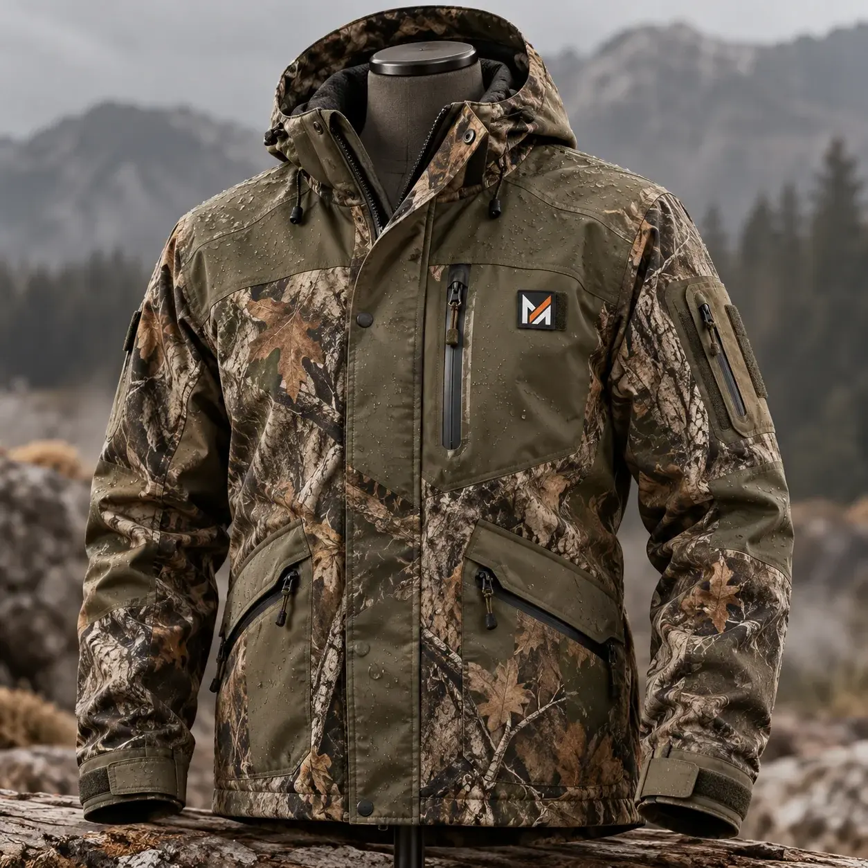 Waterproof camouflage hunting jacket with olive-green panels, hood, multiple zippered pockets, water-resistant fabric, and Mega Apparel logo displayed on a mannequin against a rugged mountain background.